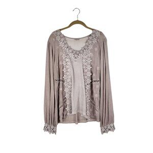 POL Floral Applique Blouse Long Sleeve Romantic Taupe Womens Size Large